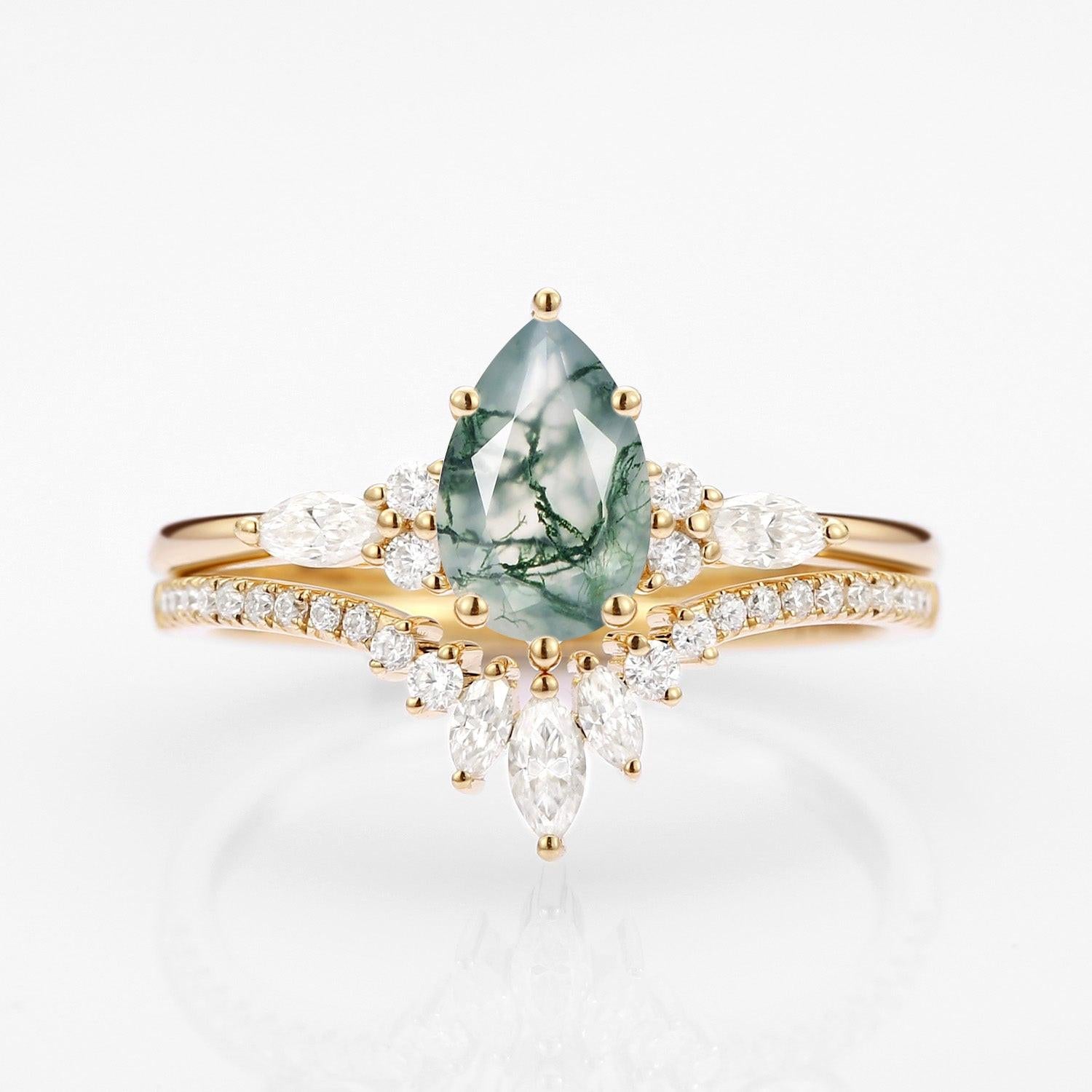 Sylvie’s Trinity | Pear Cut Moss Agate Three Stone Bridal Set 2pcs.
