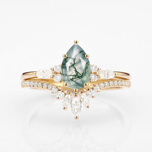 Sylvie’s Trinity | Pear Cut Moss Agate Three Stone Bridal Set 2pcs.