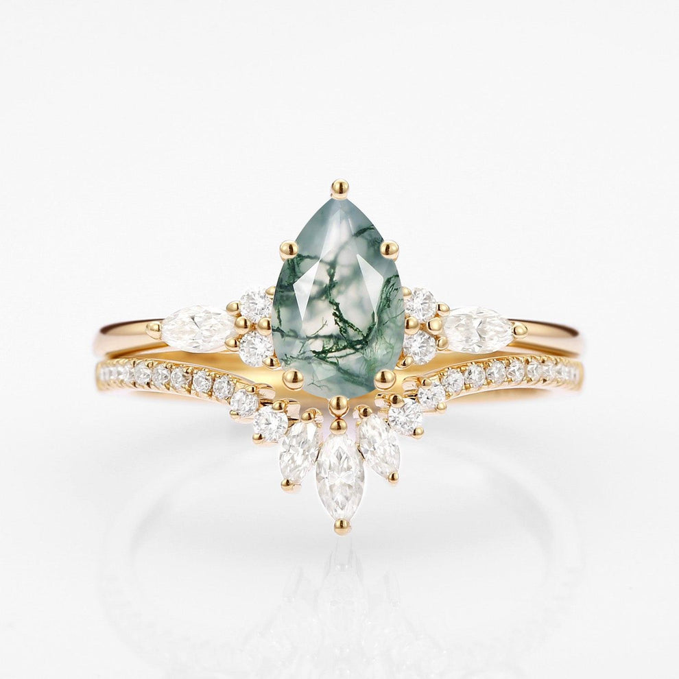 Sylvie’s Trinity | Pear Cut Moss Agate Three Stone Bridal Set 2pcs.