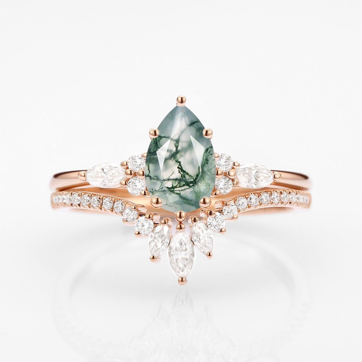 Sylvie’s Trinity | Pear Cut Moss Agate Three Stone Bridal Set 2pcs.