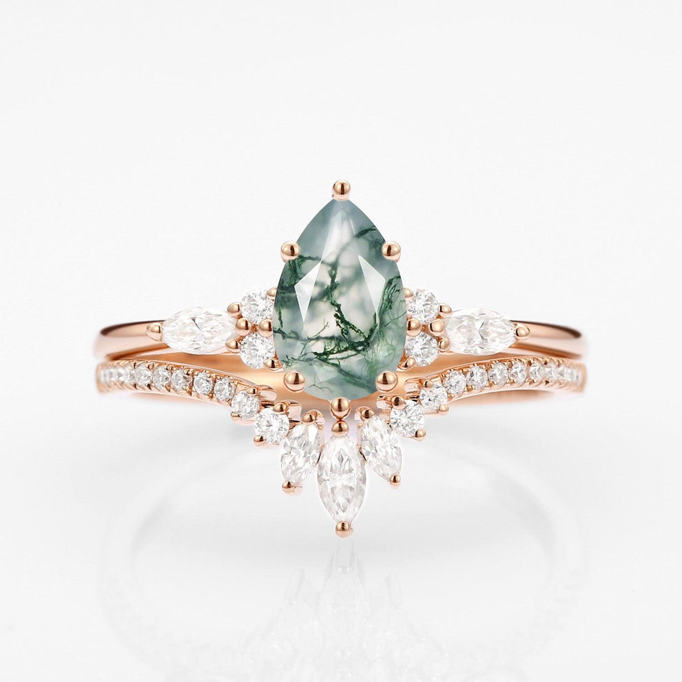 Sylvie’s Trinity | Pear Cut Moss Agate Three Stone Bridal Set 2pcs.