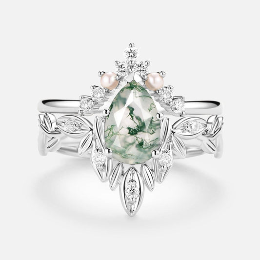Pear Cut Leafy Nature Inspired Moss Agate & Pearl Ring Set 2pcs.