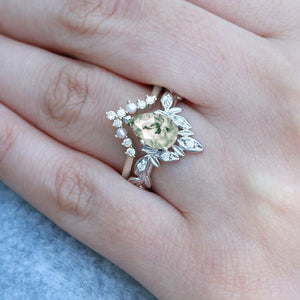 Pear Cut Leafy Nature Inspired Moss Agate & Pearl Ring Set 2pcs.