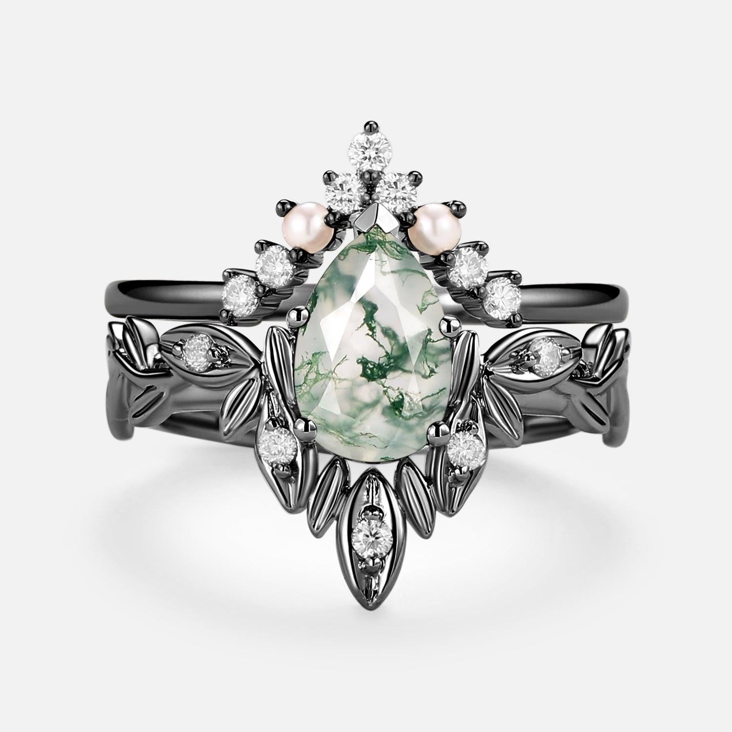 Pear Cut Leafy Nature Inspired Moss Agate & Pearl Ring Set 2pcs.