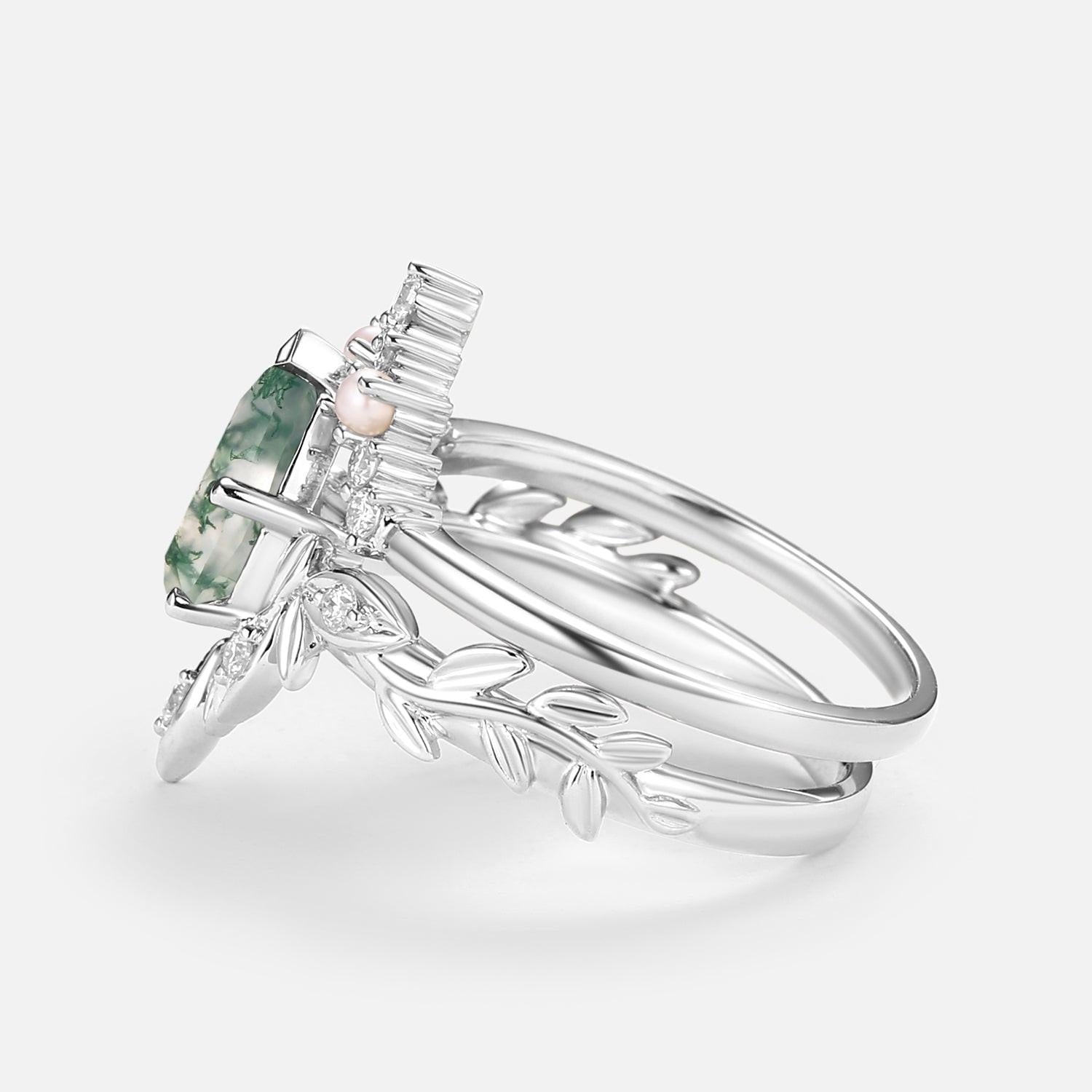 Pear Cut Leafy Nature Inspired Moss Agate & Pearl Ring Set 2pcs.