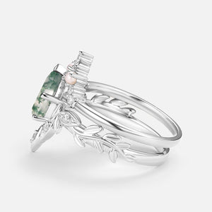 Pear Cut Leafy Nature Inspired Moss Agate & Pearl Ring Set 2pcs.