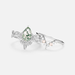 Pear Cut Leafy Nature Inspired Moss Agate & Pearl Ring Set 2pcs.