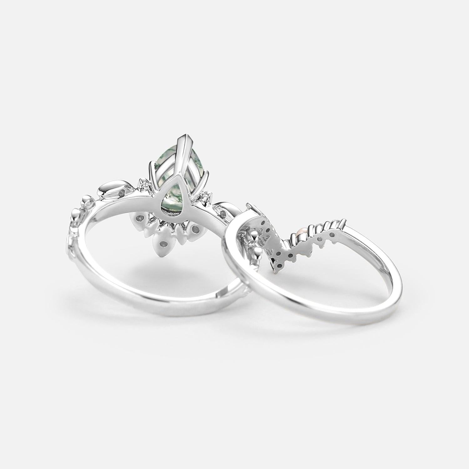 Pear Cut Leafy Nature Inspired Moss Agate & Pearl Ring Set 2pcs.
