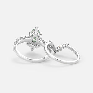Pear Cut Leafy Nature Inspired Moss Agate & Pearl Ring Set 2pcs.