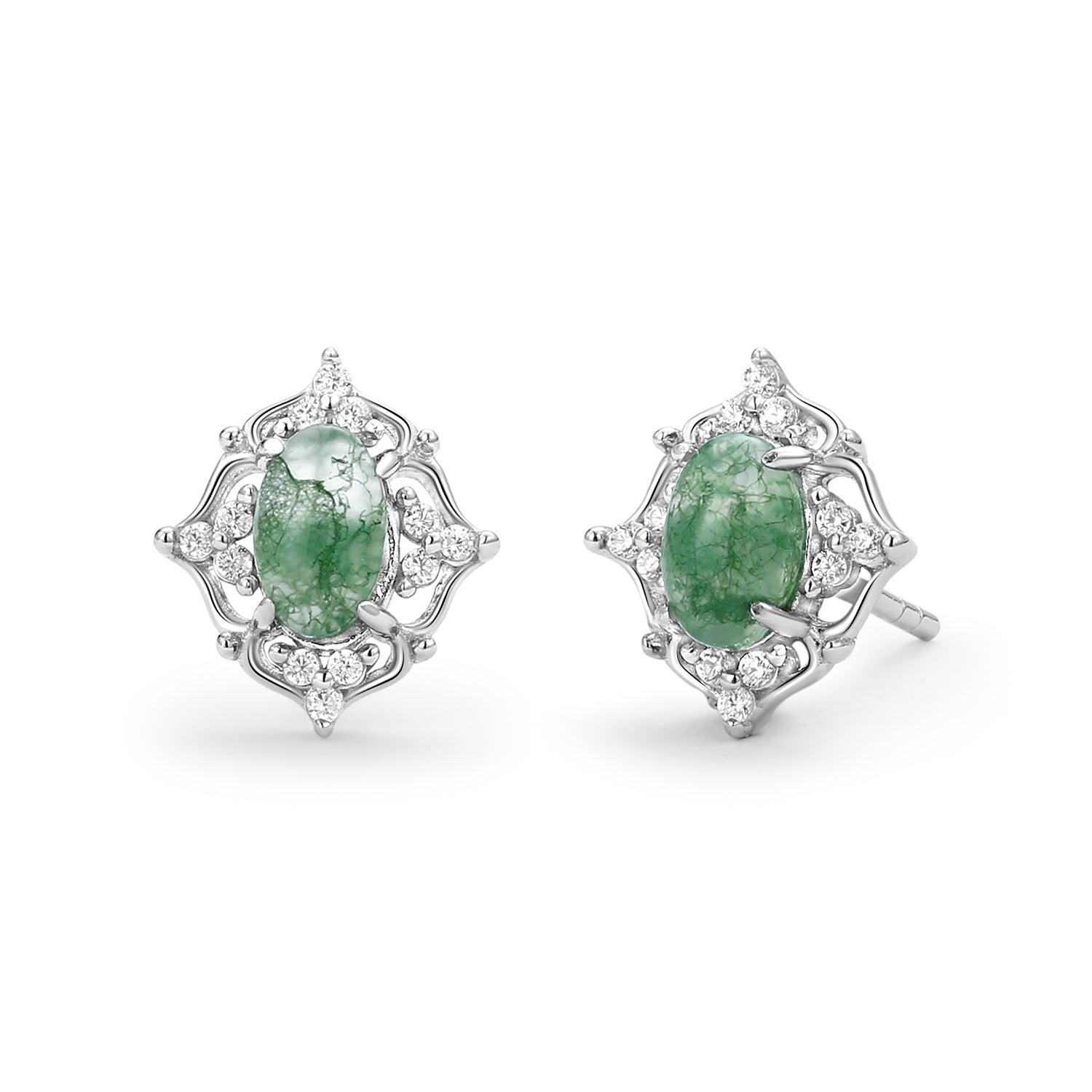 Natural Moss Agate & Moissanite White Gold Earrings.