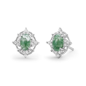 Natural Moss Agate & Moissanite White Gold Earrings.