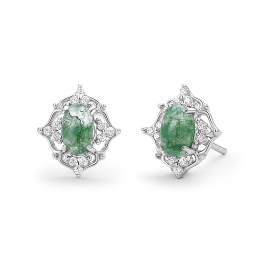 Natural Moss Agate & Moissanite White Gold Earrings.