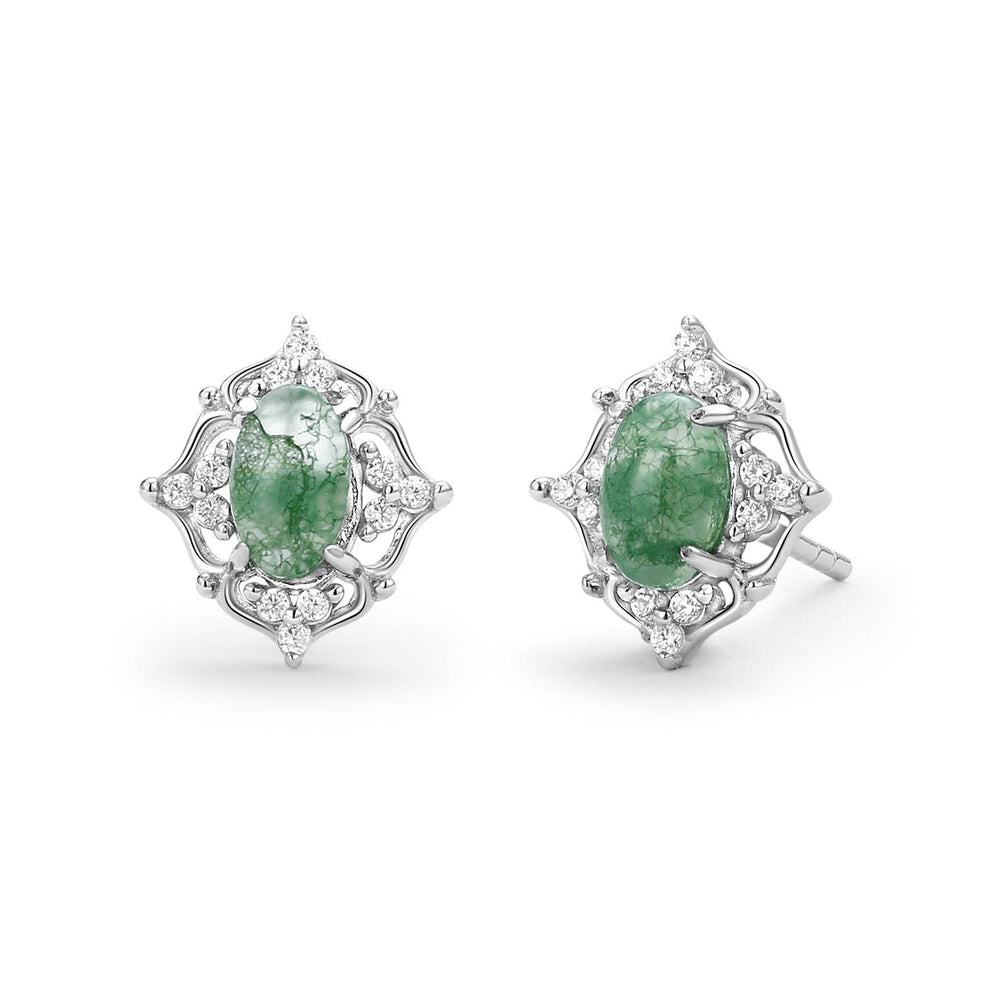 Natural Moss Agate & Moissanite White Gold Earrings.