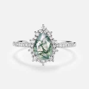 Ophelia Halo Pear Shaped Moss Agate Engagement Ring.