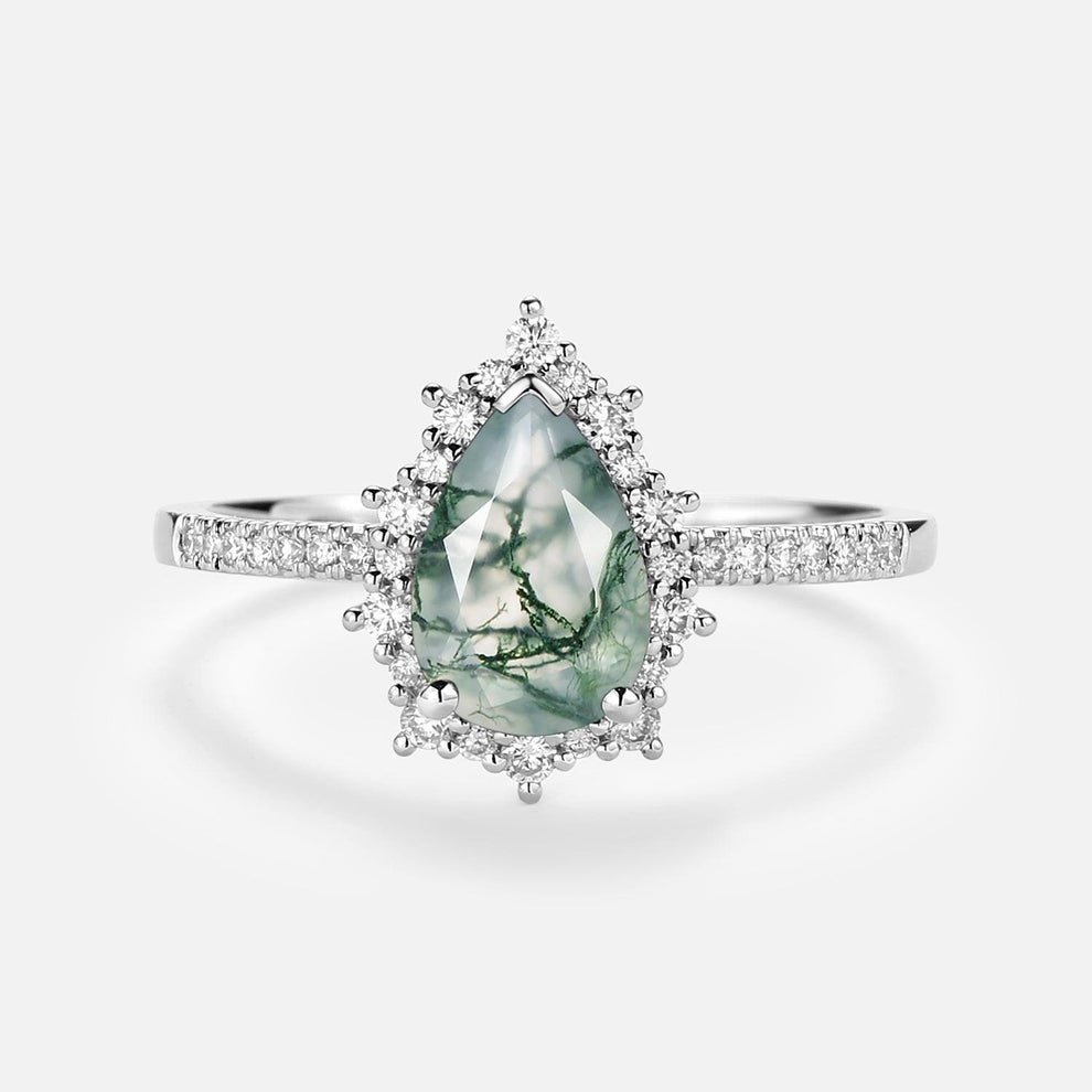 Ophelia Halo Pear Shaped Moss Agate Engagement Ring.