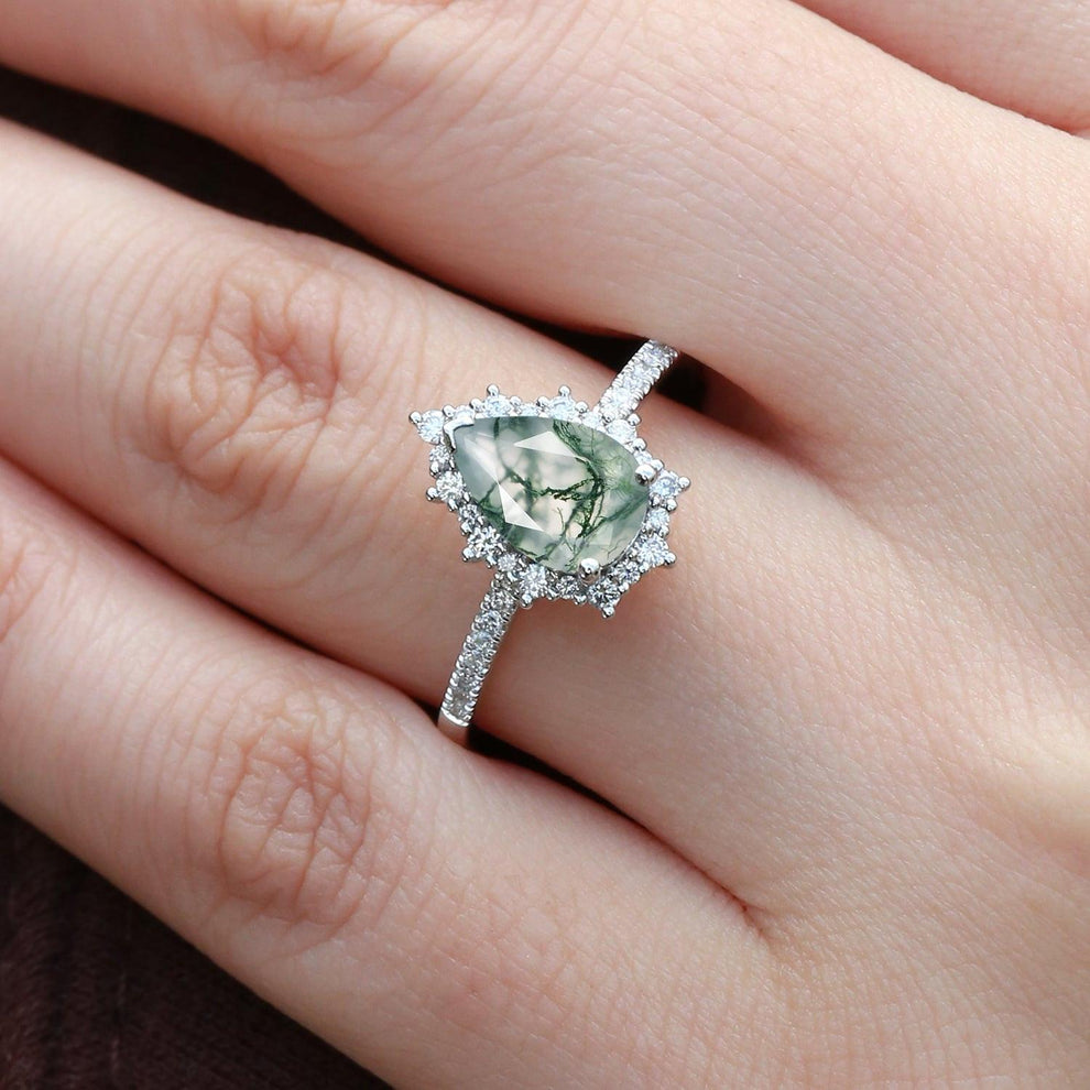 Ophelia Halo Pear Shaped Moss Agate Engagement Ring.