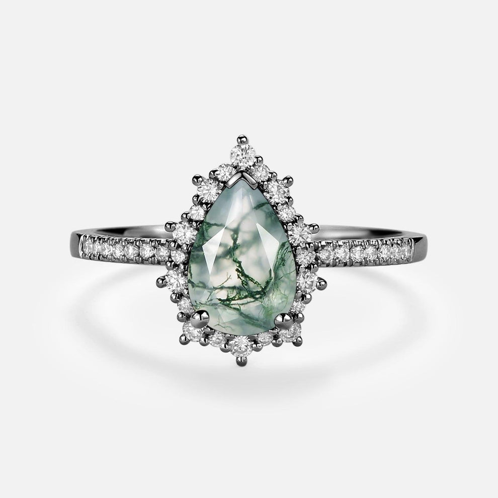 Ophelia Halo Pear Shaped Moss Agate Engagement Ring.