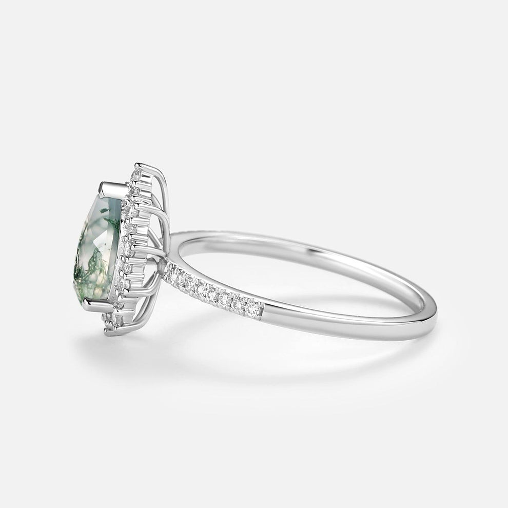 Ophelia Halo Pear Shaped Moss Agate Engagement Ring.