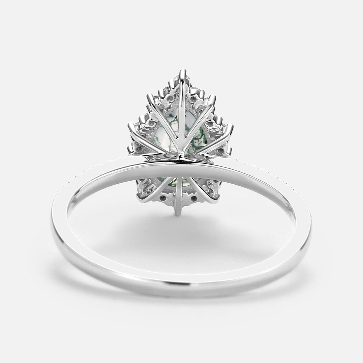 Ophelia Halo Pear Shaped Moss Agate Engagement Ring.