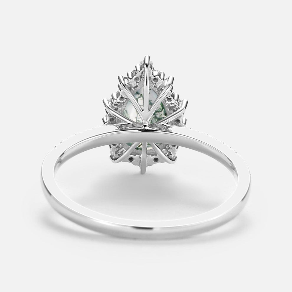 Ophelia Halo Pear Shaped Moss Agate Engagement Ring.