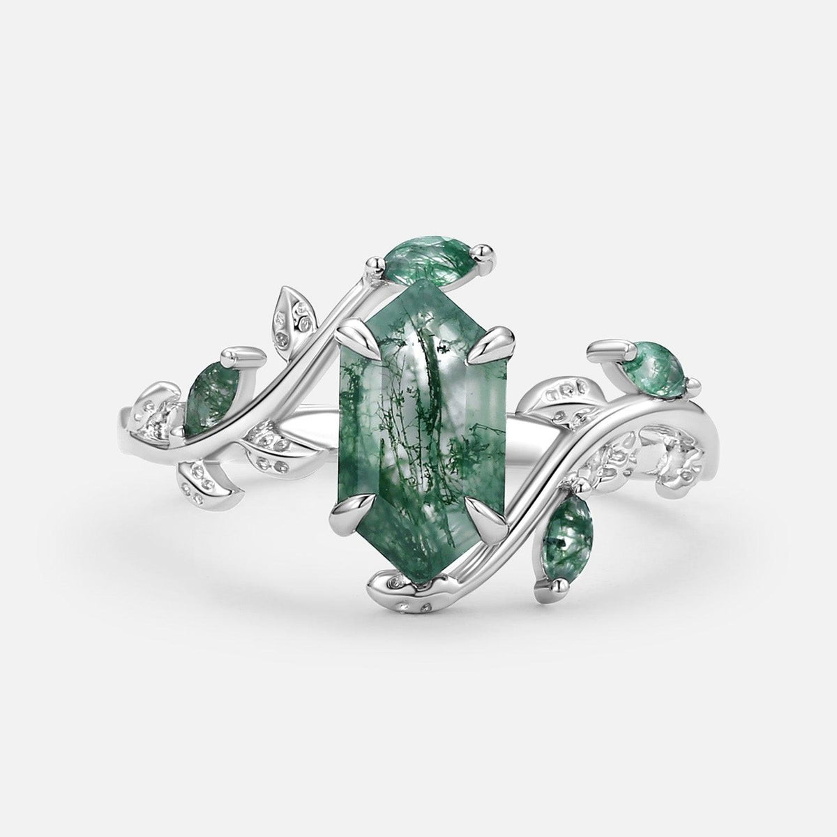 Sylvie’s Herbarium | Vintage Hexagon Moss Agate & Emerald Leafy Engagement Ring.