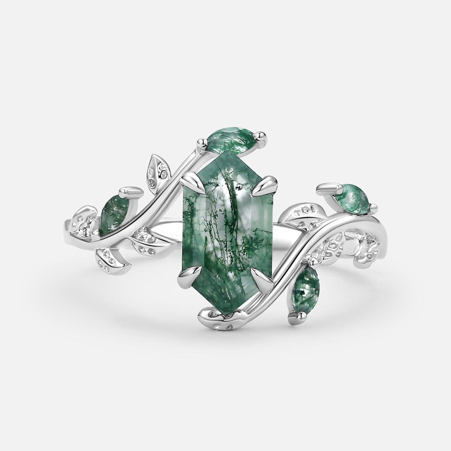 Sylvie’s Herbarium | Vintage Hexagon Moss Agate & Emerald Leafy Engagement Ring.