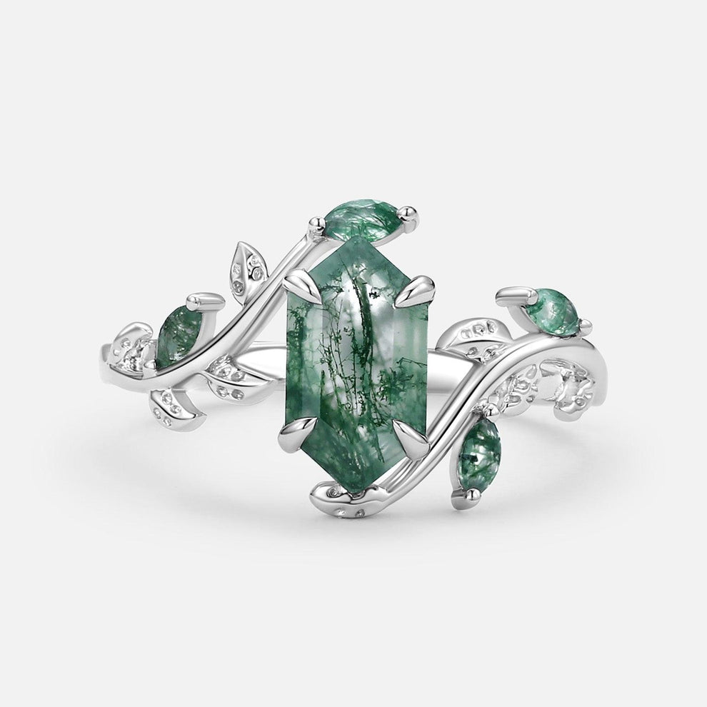 Sylvie’s Herbarium | Vintage Hexagon Moss Agate & Emerald Leafy Engagement Ring.