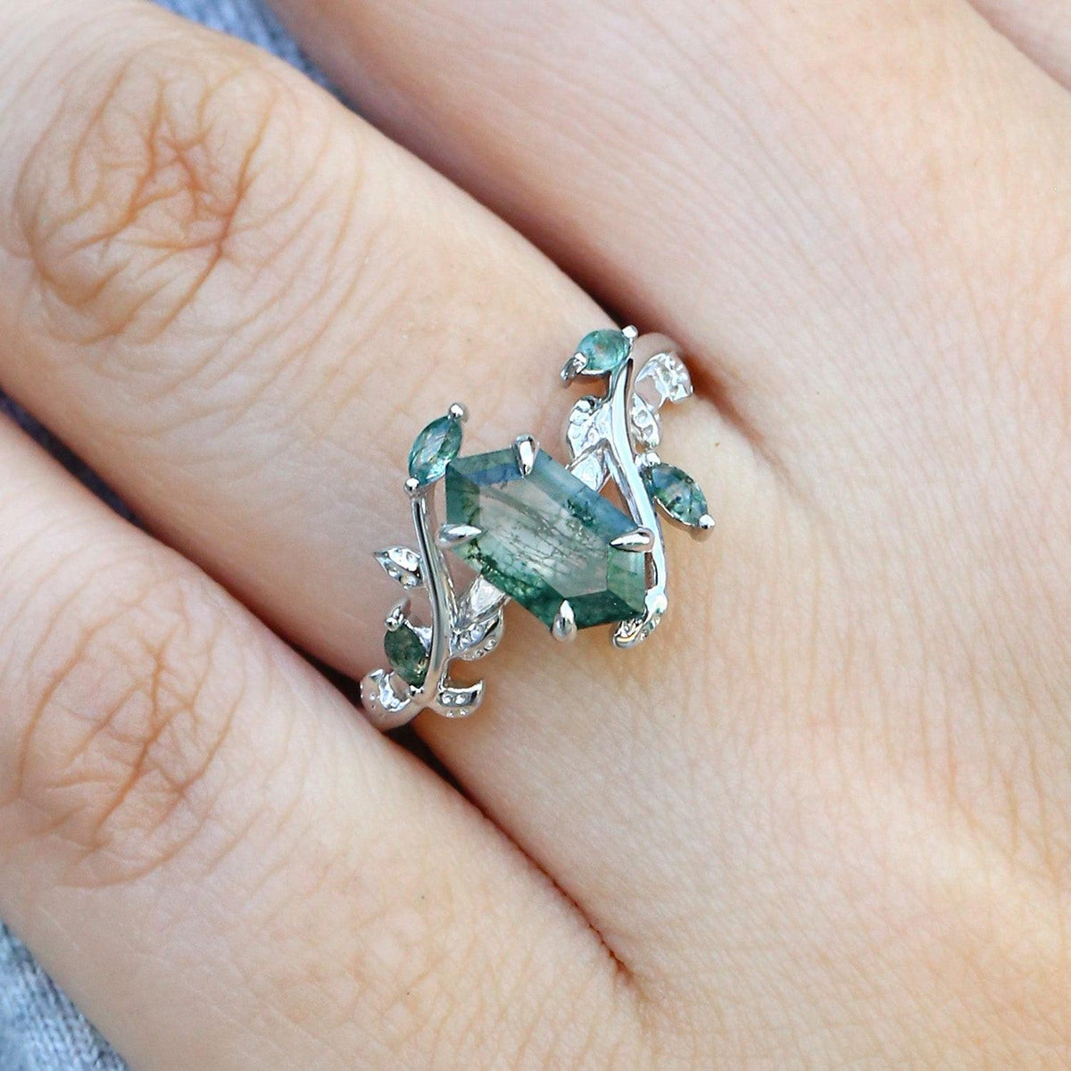 Sylvie’s Herbarium | Vintage Hexagon Moss Agate & Emerald Leafy Engagement Ring.