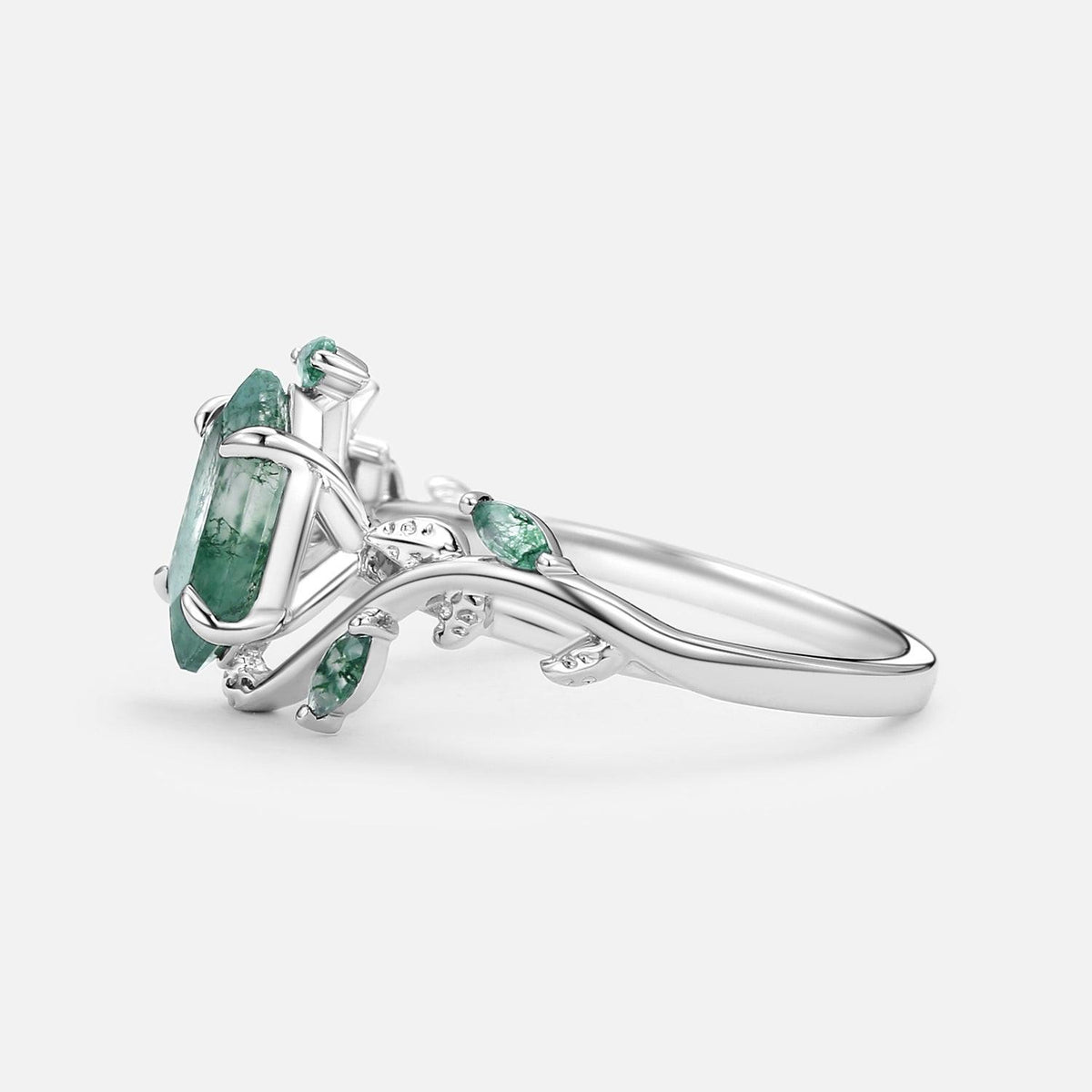 Sylvie’s Herbarium | Vintage Hexagon Moss Agate & Emerald Leafy Engagement Ring.