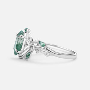 Sylvie’s Herbarium | Vintage Hexagon Moss Agate & Emerald Leafy Engagement Ring.
