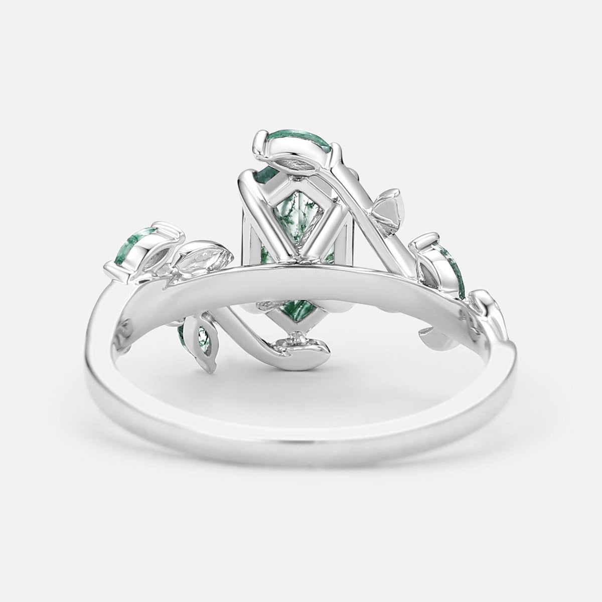 Sylvie’s Herbarium | Vintage Hexagon Moss Agate & Emerald Leafy Engagement Ring.