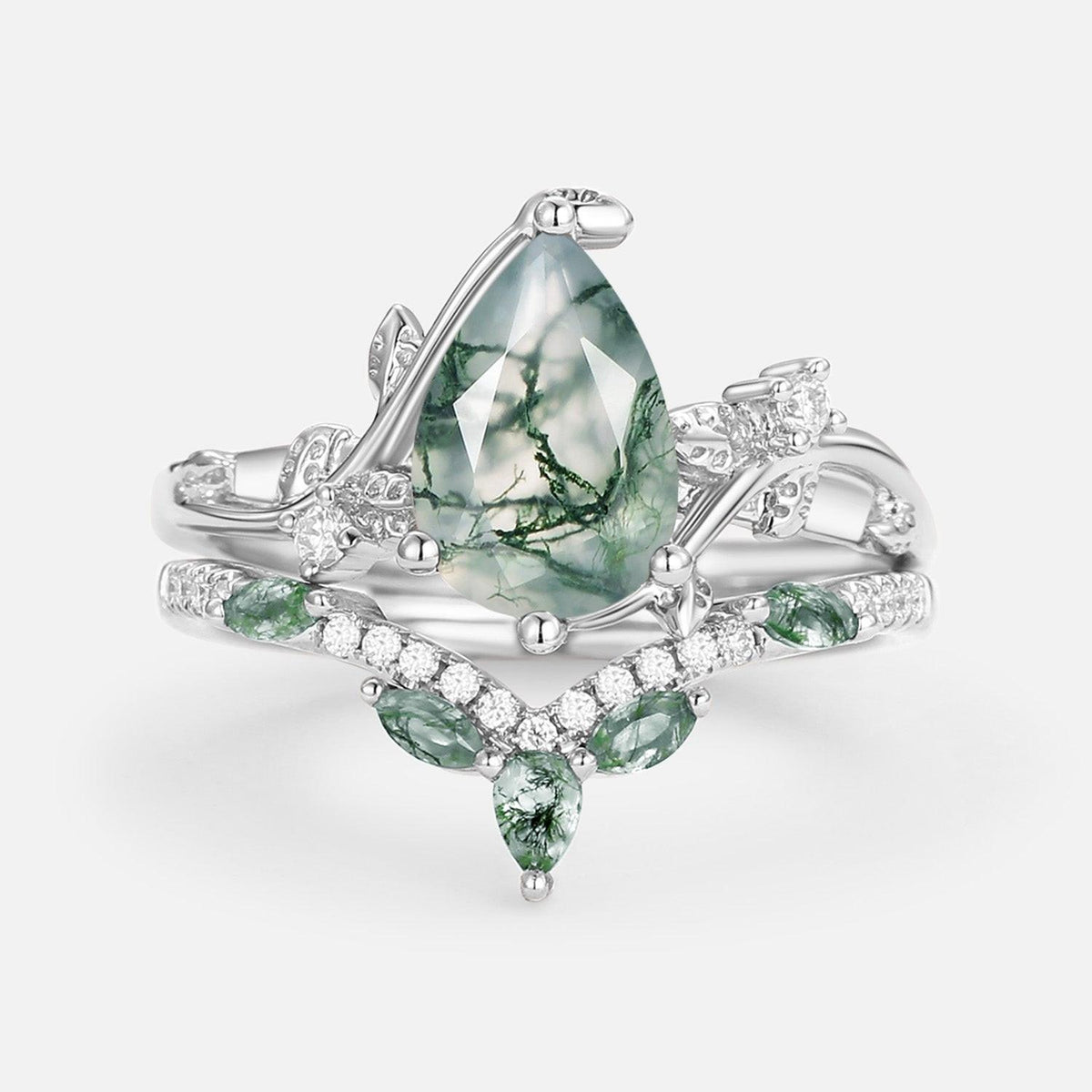 Rosalind’s Tangle | Pear Cut Moss Agate Vine Engagement Ring Set 2pcs.