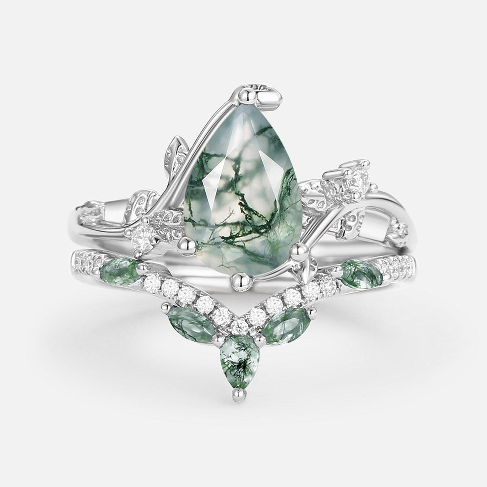 Rosalind’s Tangle | Pear Cut Moss Agate Vine Engagement Ring Set 2pcs.