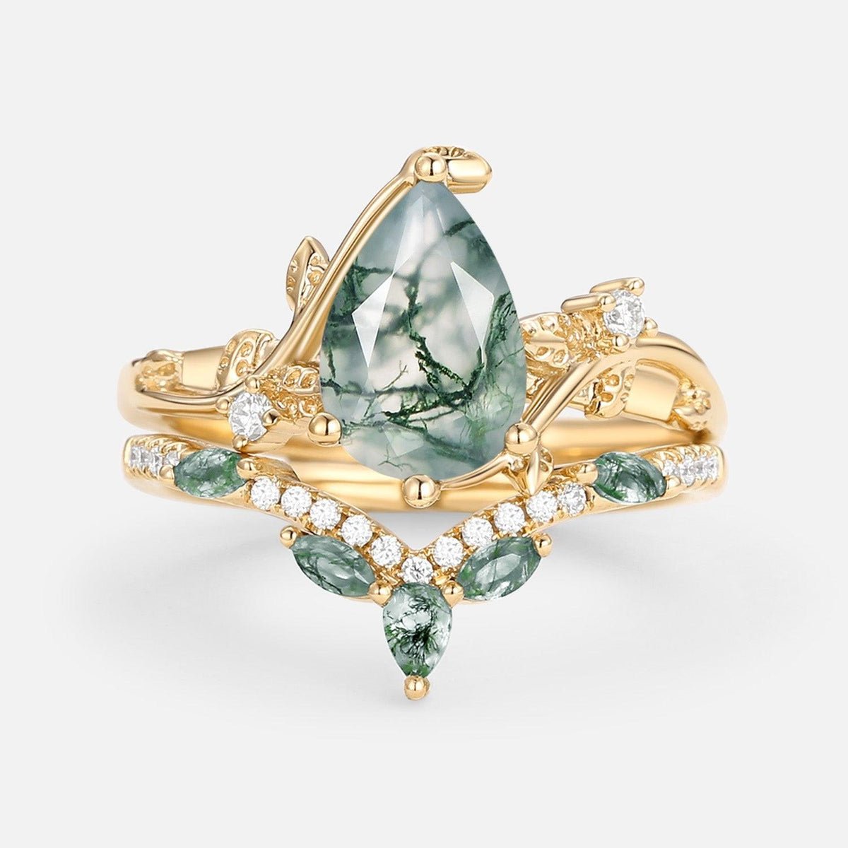 Rosalind’s Tangle | Pear Cut Moss Agate Vine Engagement Ring Set 2pcs.
