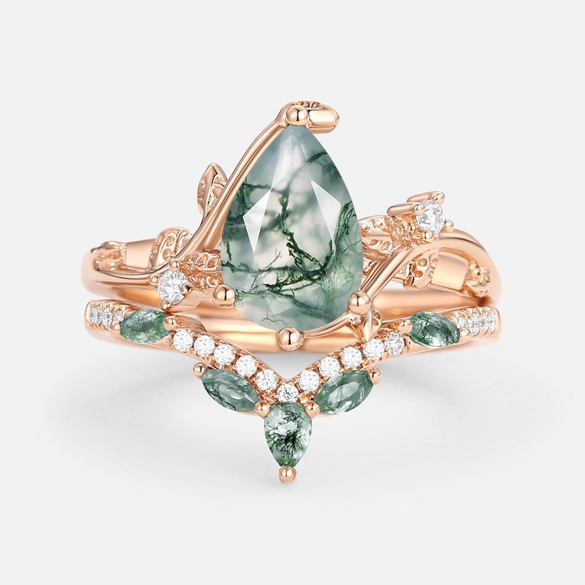 Rosalind’s Tangle | Pear Cut Moss Agate Vine Engagement Ring Set 2pcs.