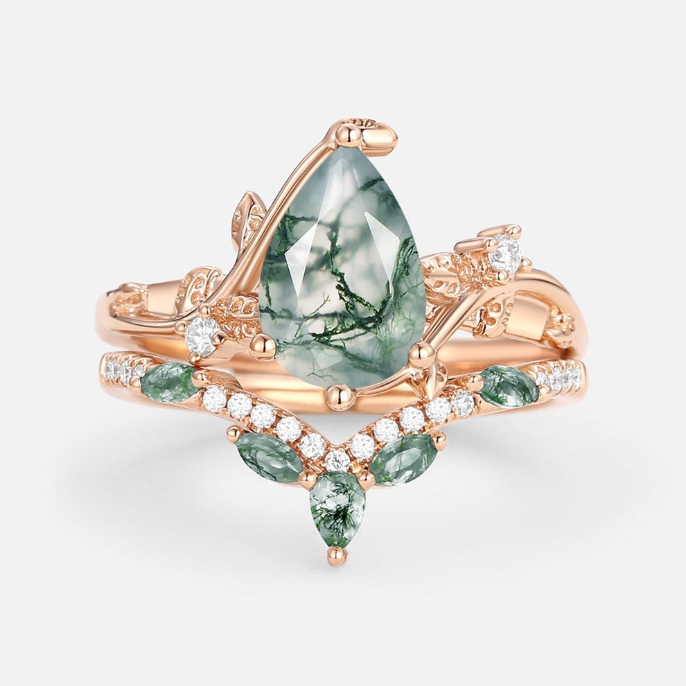 Rosalind’s Tangle | Pear Cut Moss Agate Vine Engagement Ring Set 2pcs.