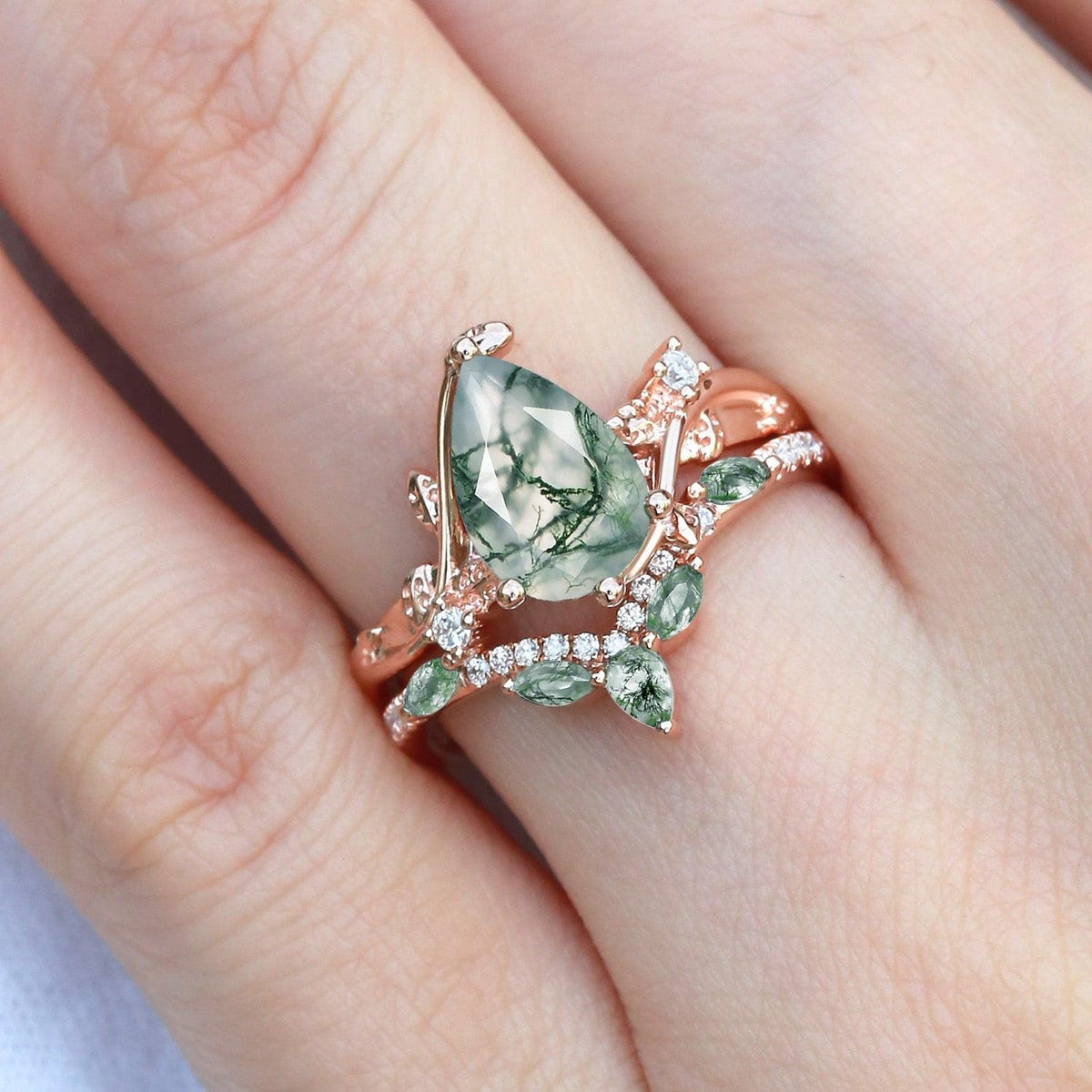 Rosalind’s Tangle | Pear Cut Moss Agate Vine Engagement Ring Set 2pcs.