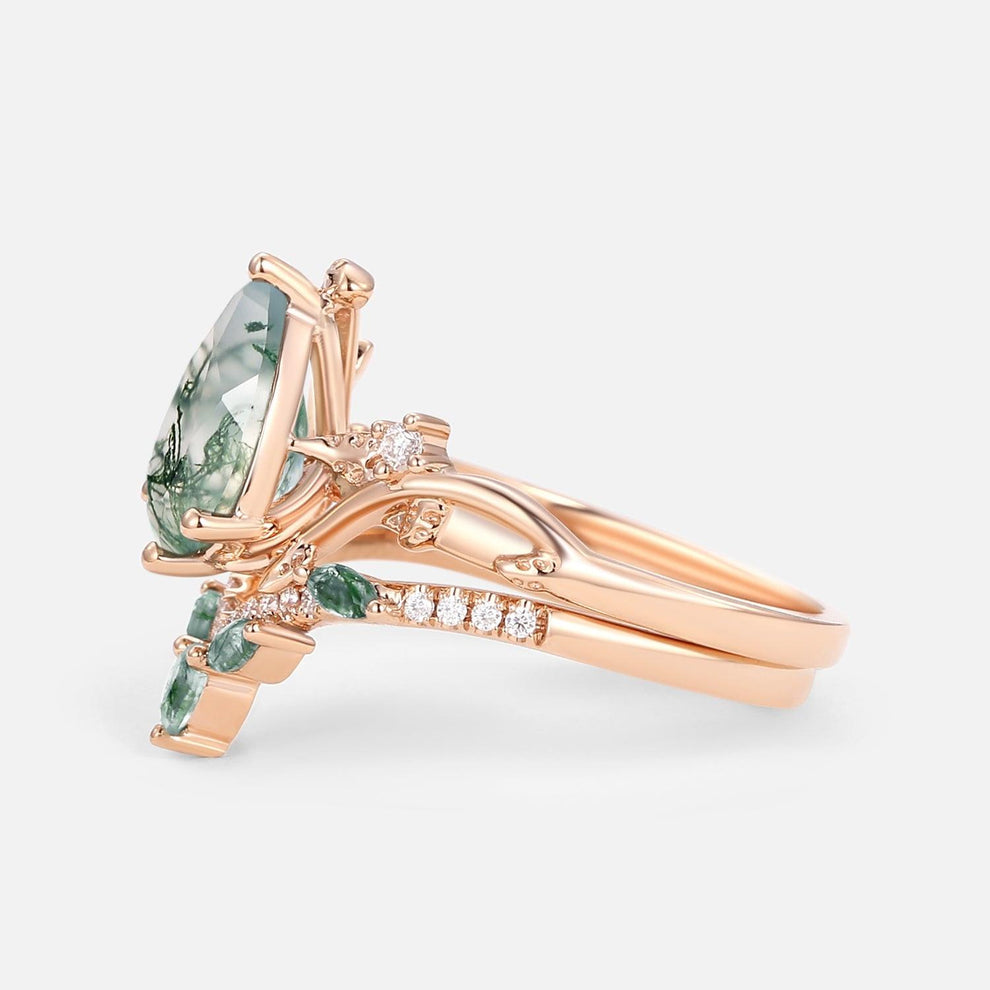 Rosalind’s Tangle | Pear Cut Moss Agate Vine Engagement Ring Set 2pcs.