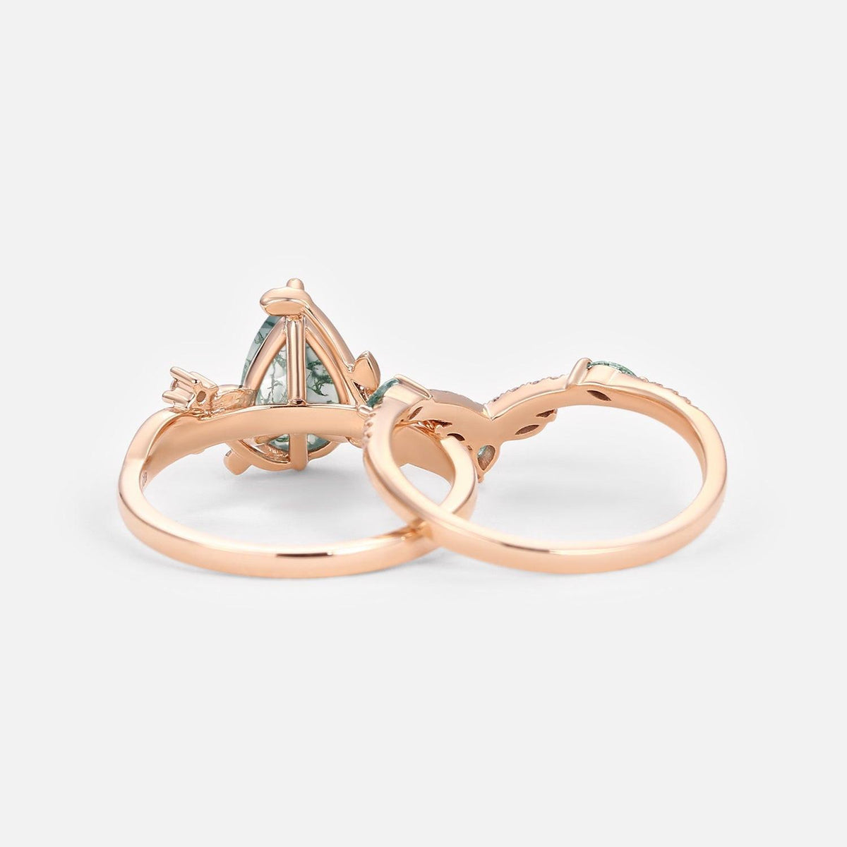 Rosalind’s Tangle | Pear Cut Moss Agate Vine Engagement Ring Set 2pcs.