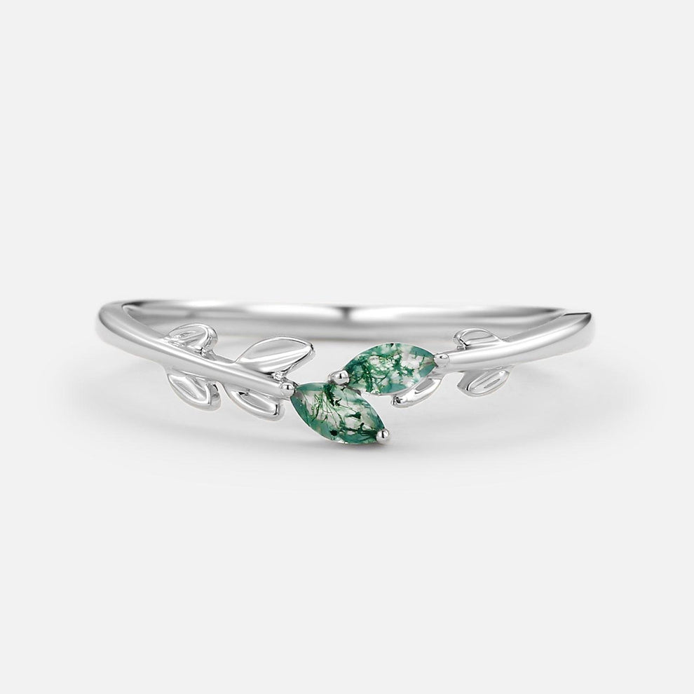Celandine’s Sprig | Marquise Cut Moss Agate Leafy Engagement Ring.