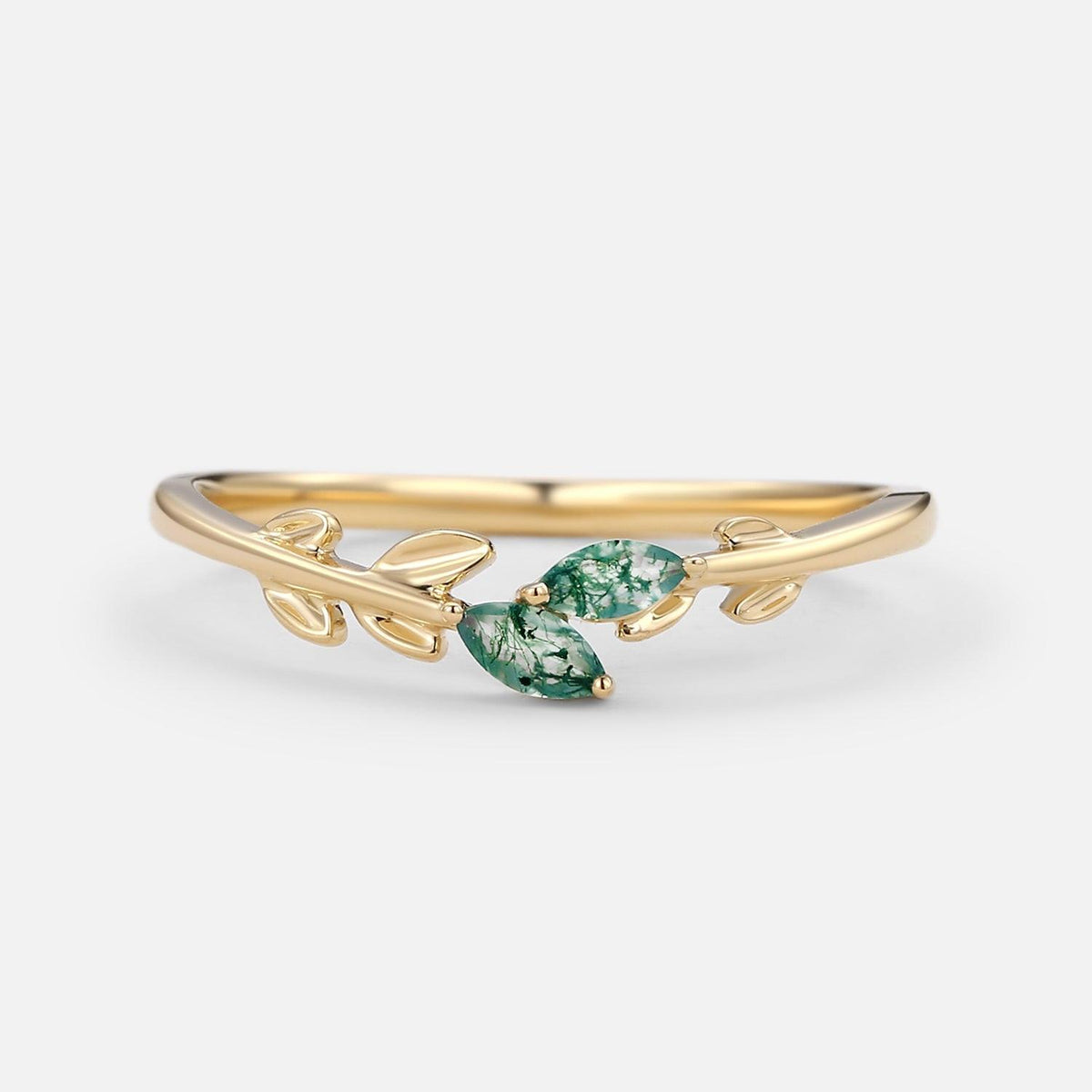 Celandine’s Sprig | Marquise Cut Moss Agate Leafy Engagement Ring.