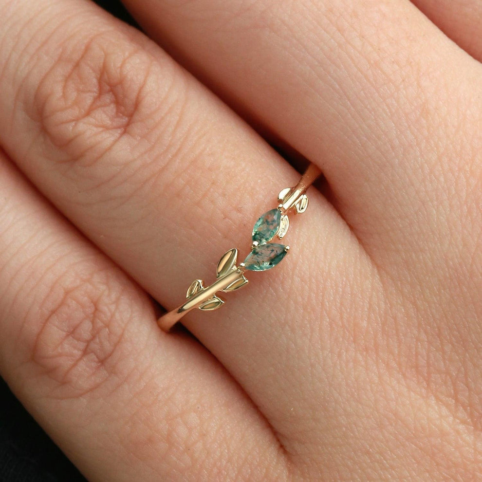 Celandine’s Sprig | Marquise Cut Moss Agate Leafy Engagement Ring.