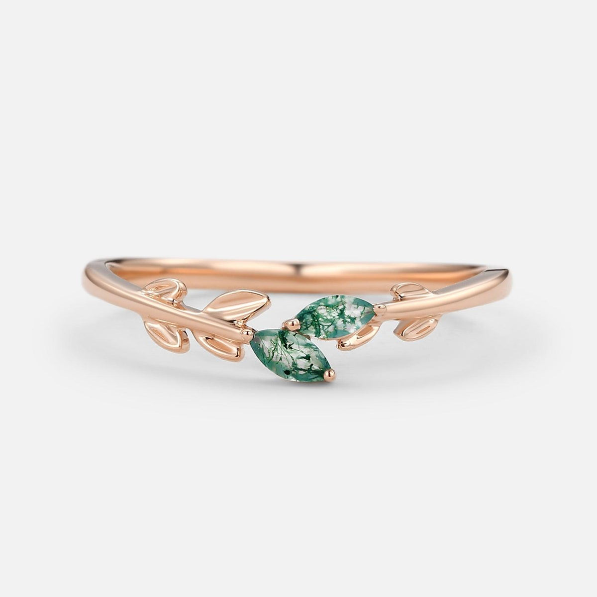 Celandine’s Sprig | Marquise Cut Moss Agate Leafy Engagement Ring.