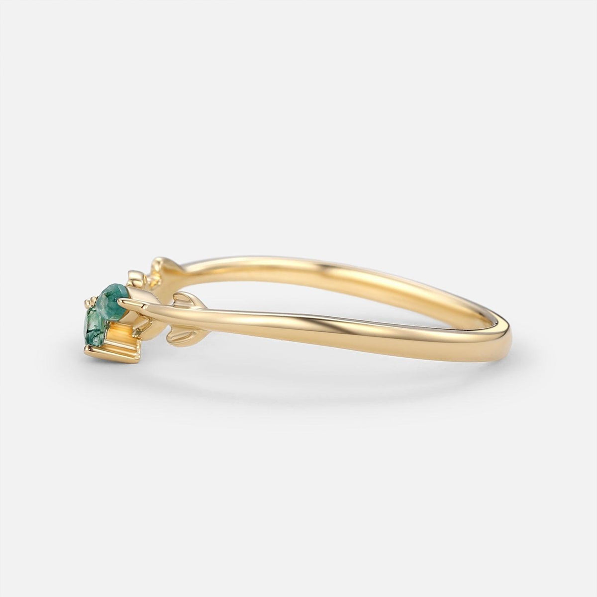 Celandine’s Sprig | Marquise Cut Moss Agate Leafy Engagement Ring.