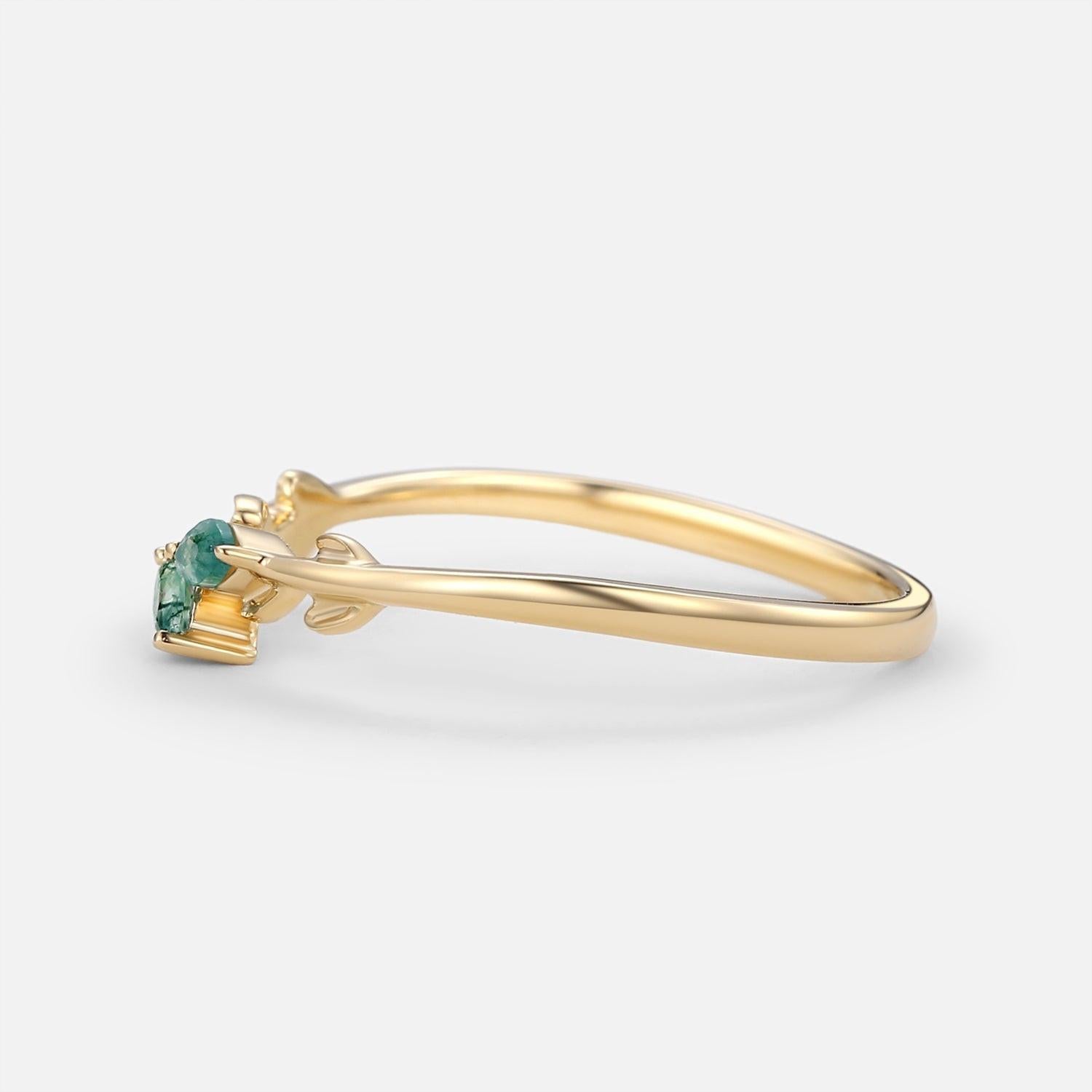 Celandine’s Sprig | Marquise Cut Moss Agate Leafy Engagement Ring.
