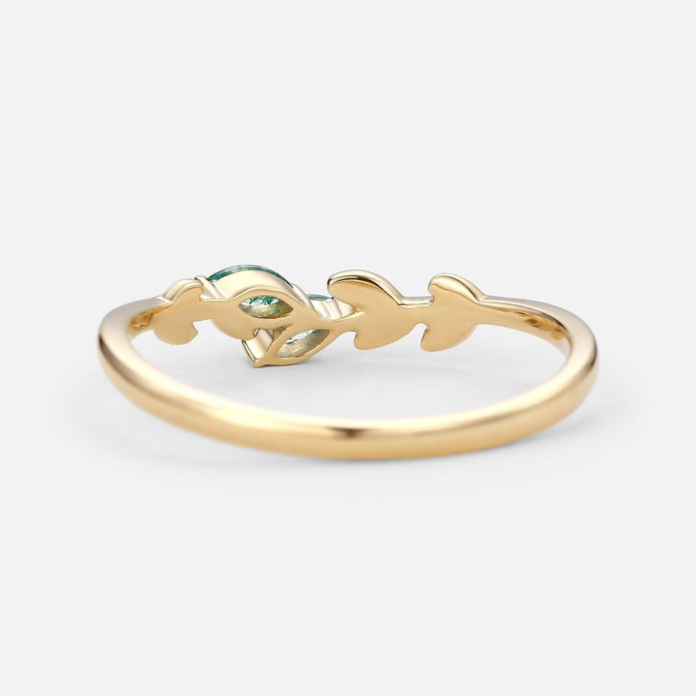 Celandine’s Sprig | Marquise Cut Moss Agate Leafy Engagement Ring.