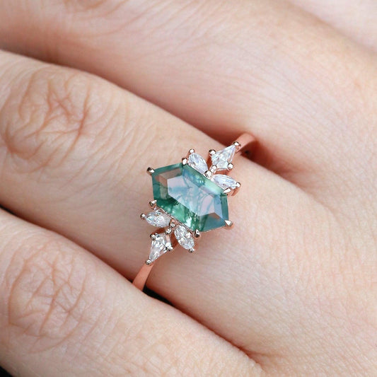 Hexagon & Kite Moss Agate Cluster Engagement Ring.