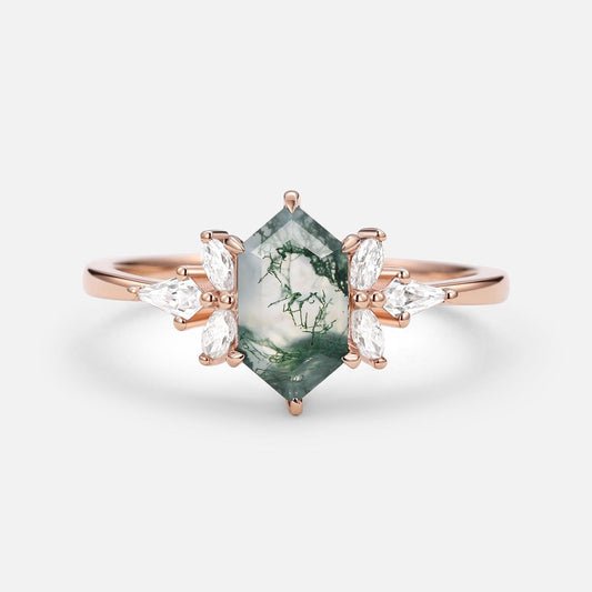 Hexagon & Kite Moss Agate Cluster Engagement Ring.
