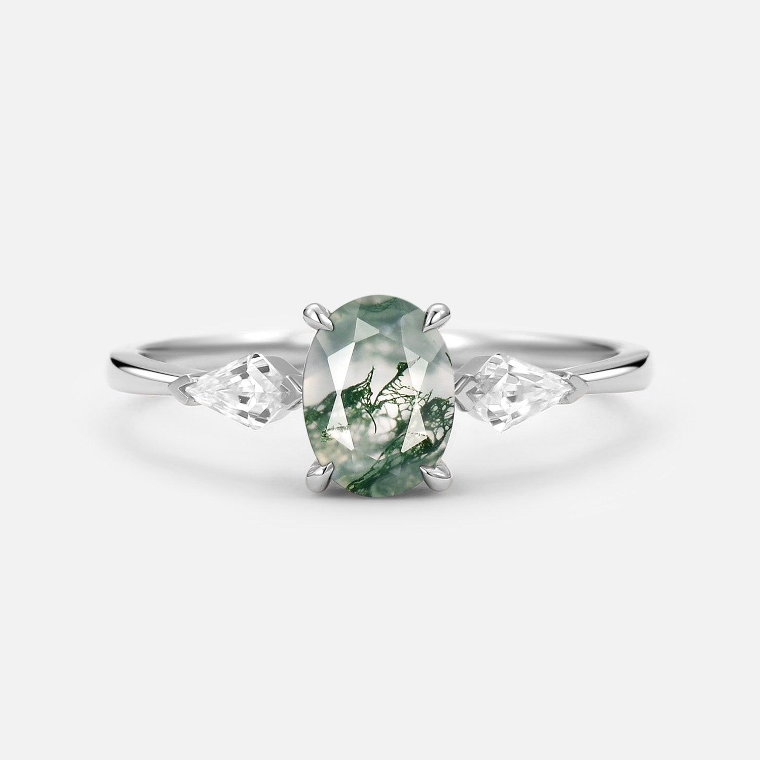 1.5ct Oval Moss Agate Three Stones Engagement Ring.