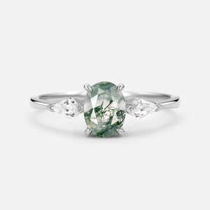 1.5ct Oval Moss Agate Three Stones Engagement Ring.